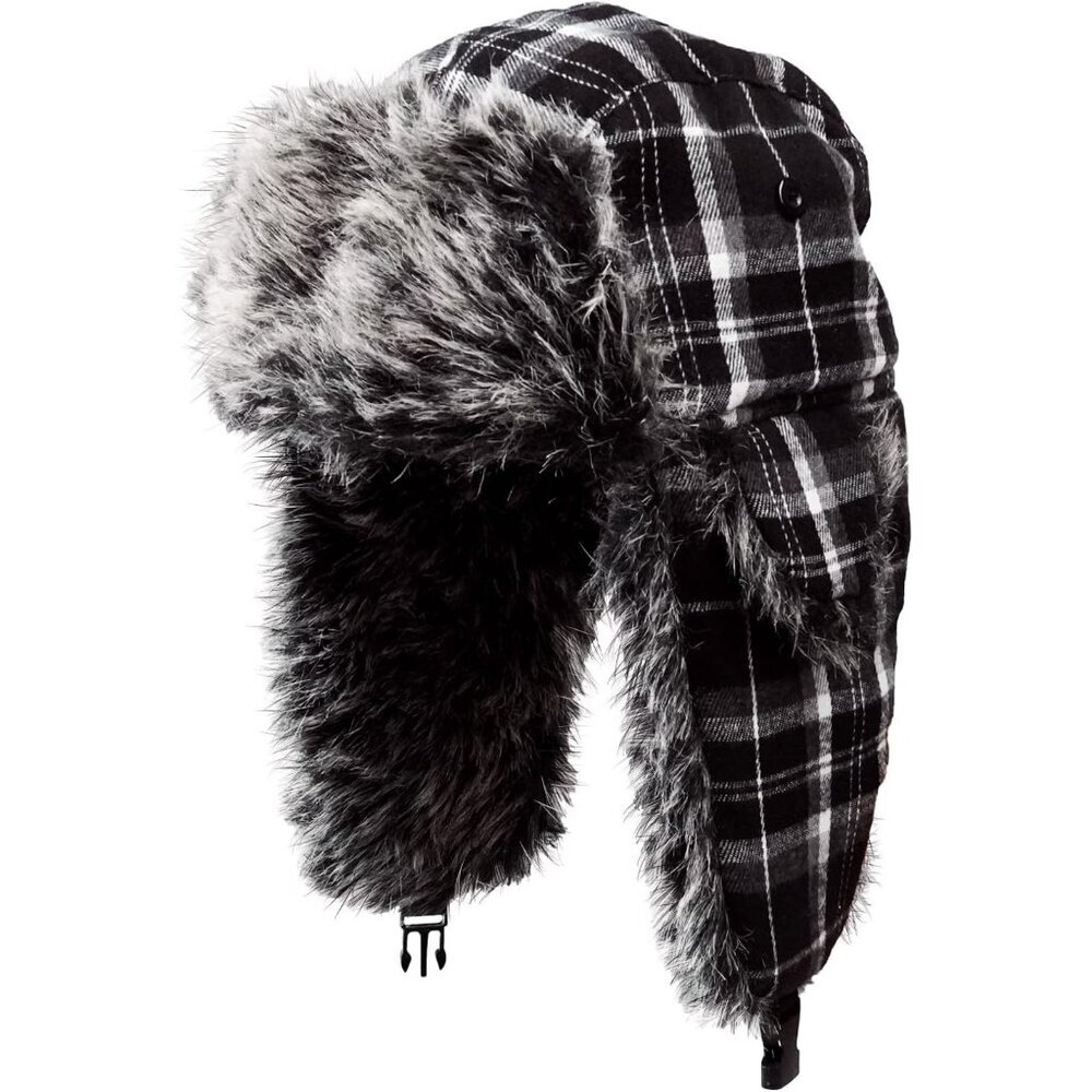 Men Black Plaid ONWAY Faux Fur Trapper Hat Cozy Winter Ear Flaps Hat - Picture 1 of 6